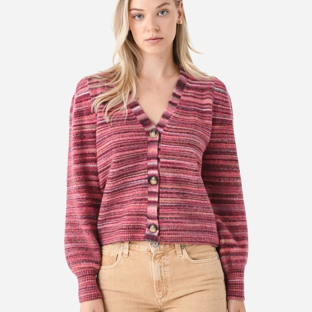 J. Society Striped Pink Button-Up Sweater large
